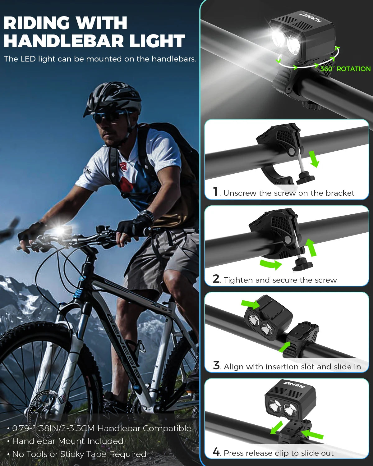 FUNWICT Bike Helmet Light 1000 Lums Waterproof Flashlight Bicycle Headlight USB Charging LED Front Lamp MTB Road Bike Night Safety Cycling Accessories