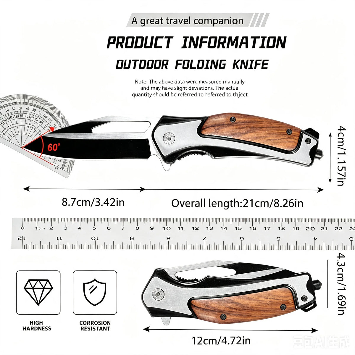 Manual Folding Pocket Knife, Wood Grain Handle Stainless Steel Two‑Tone Blade, EDC Utility Knife for Outdoor Camping Hiking Survival Daily Cutting