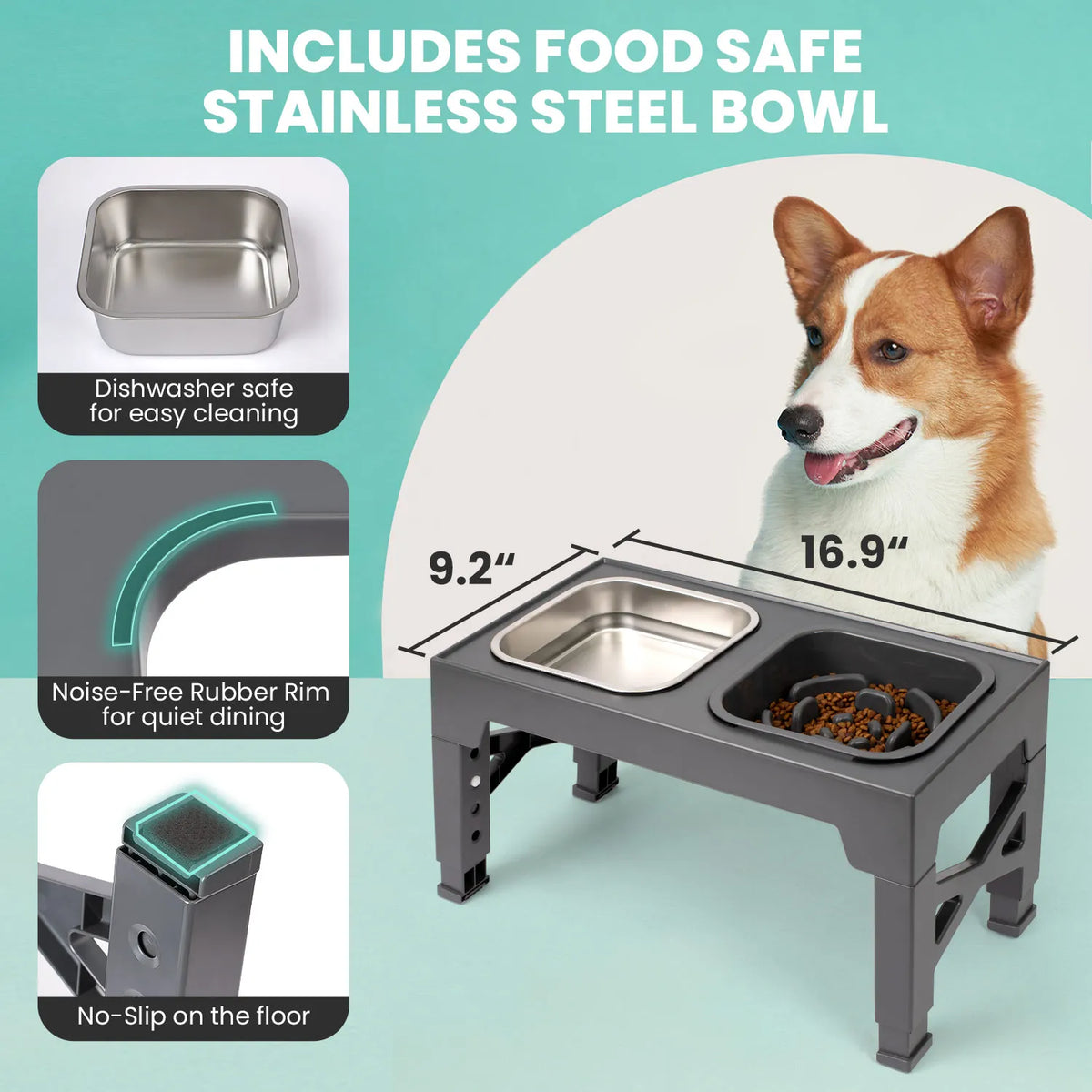 2-in-1 Elevated Slow Feeder Dog Bowls, Non-Slip Stainless Steel/Plastic/ Pet Food & Water Bowls with Foldable Stand