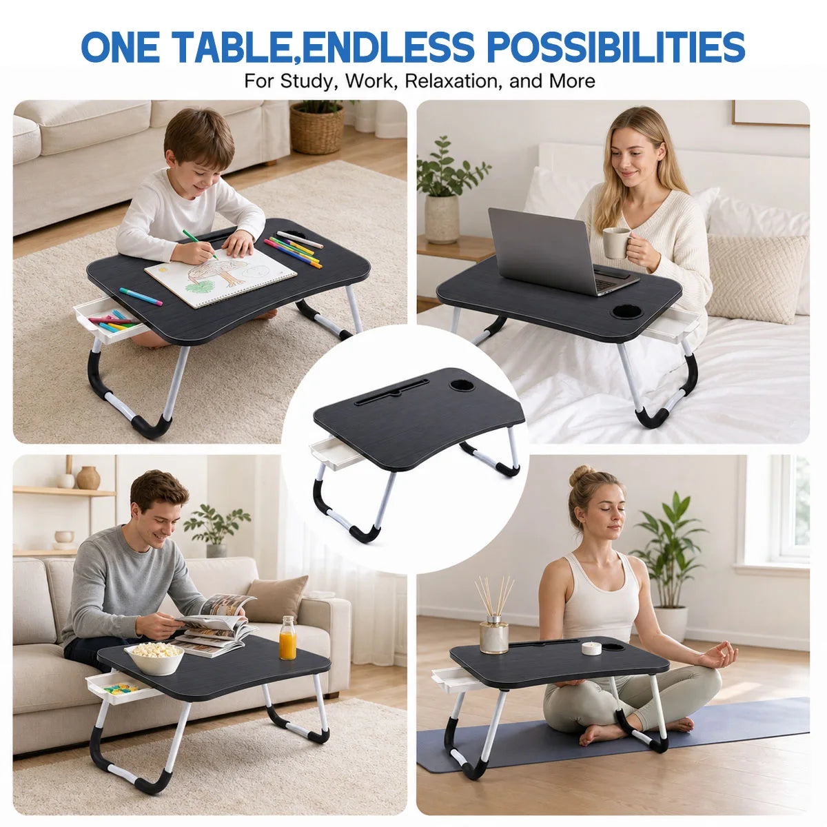 Foldable Laptop Bed Desk Portable Lap Table with Drawer Cup Holder Tablet Slot, Multifunctional Breakfast Tray for Bed Sofa Floor Home Office Study Working Reading