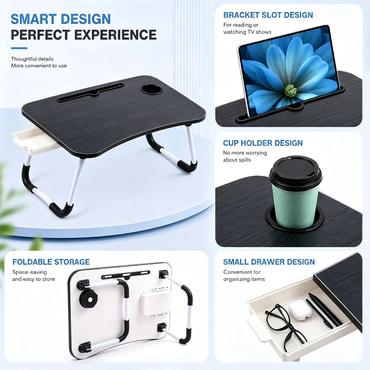 Foldable Laptop Bed Desk Portable Lap Table with Drawer Cup Holder Tablet Slot, Multifunctional Breakfast Tray for Bed Sofa Floor Home Office Study Working Reading