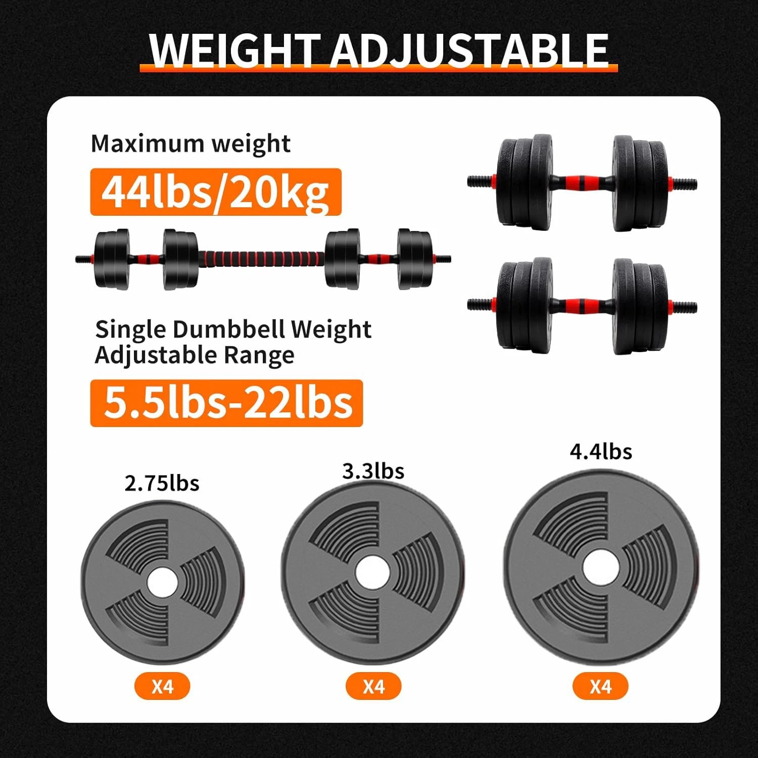 5-44lbs Adjustable Dumbbell to Barbell Set, Anti-Slip Grip, Versatile Home Gym Fitness Strength Training Barbell Weight Plates