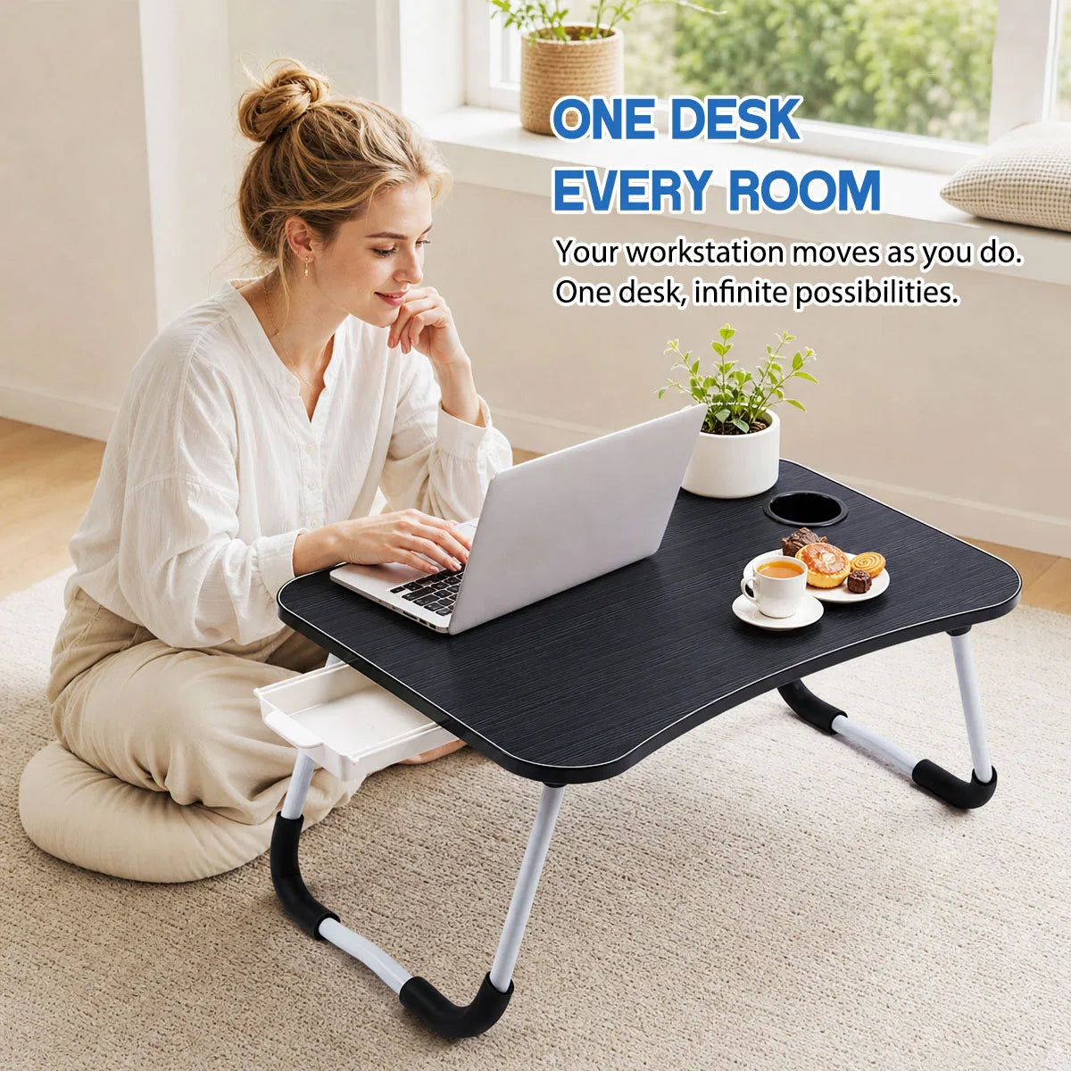 Foldable Laptop Bed Desk Portable Lap Table with Drawer Cup Holder Tablet Slot, Multifunctional Breakfast Tray for Bed Sofa Floor Home Office Study Working Reading
