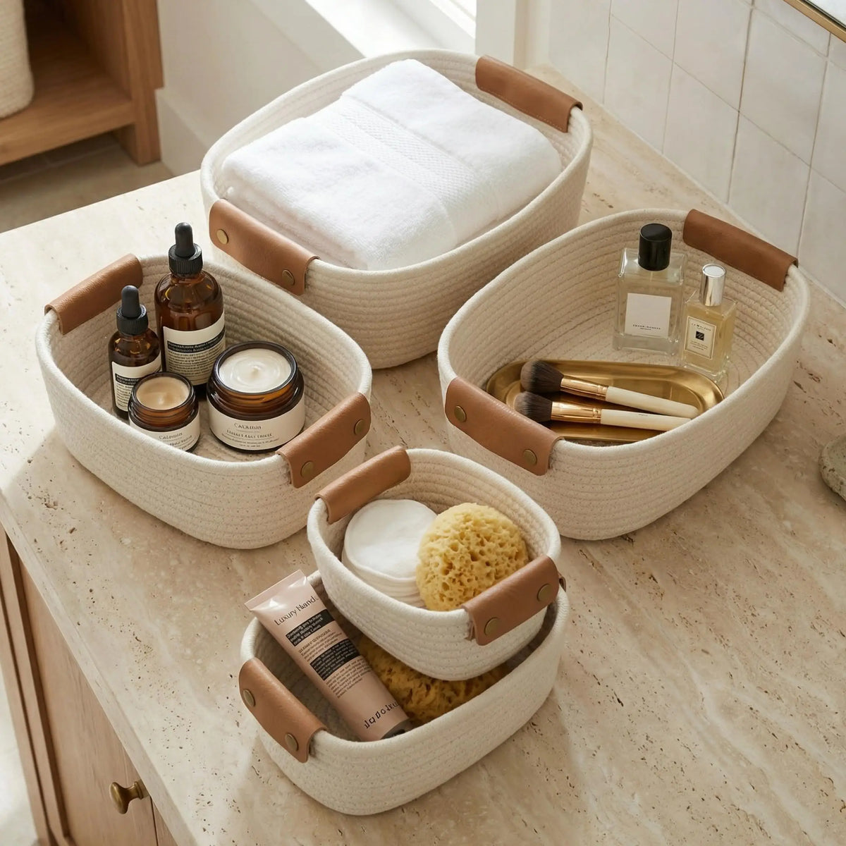 Beautiful Storage Basket Set Of 5 - Sturdy Rope Baskets for Shelves Are Perfect for Organizing Your Home - Quality Storage Bins Easily Fit with Bedroom Decor, Shelf Baskets