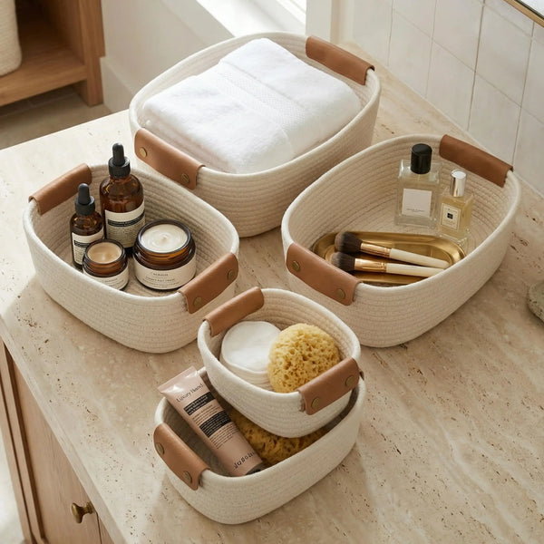 Beautiful Storage Basket Set Of 5 - Sturdy Rope Baskets for Shelves Are Perfect for Organizing Your Home - Quality Storage Bins Easily Fit with Bedroom Decor, Shelf Baskets