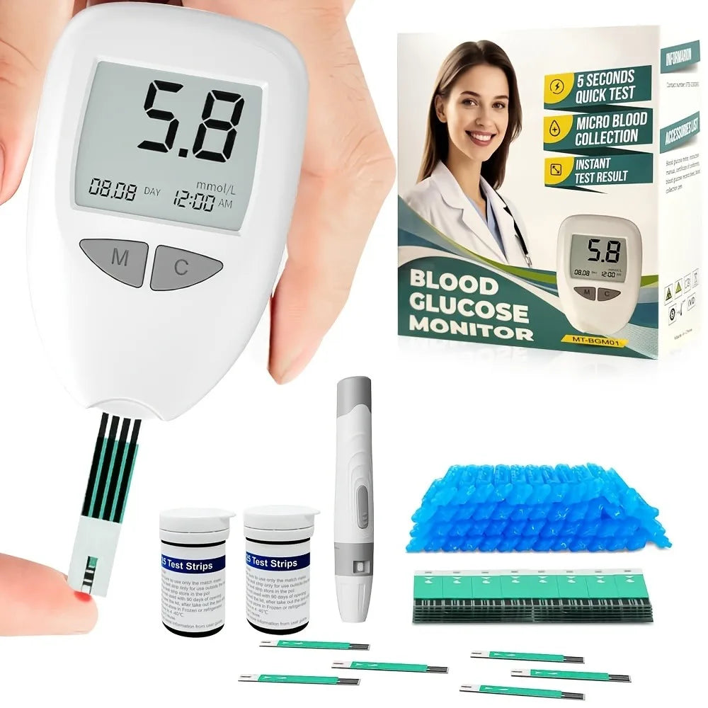 VGM04 Blood Glucose Monitor Kit Diabetes Testing Meter Accurate Glucometer with 50 Test Strips & 50 Lancets Fast Results No Coding Device Portable Home Use Medical Monitor Supplies for Diabetes Management Health