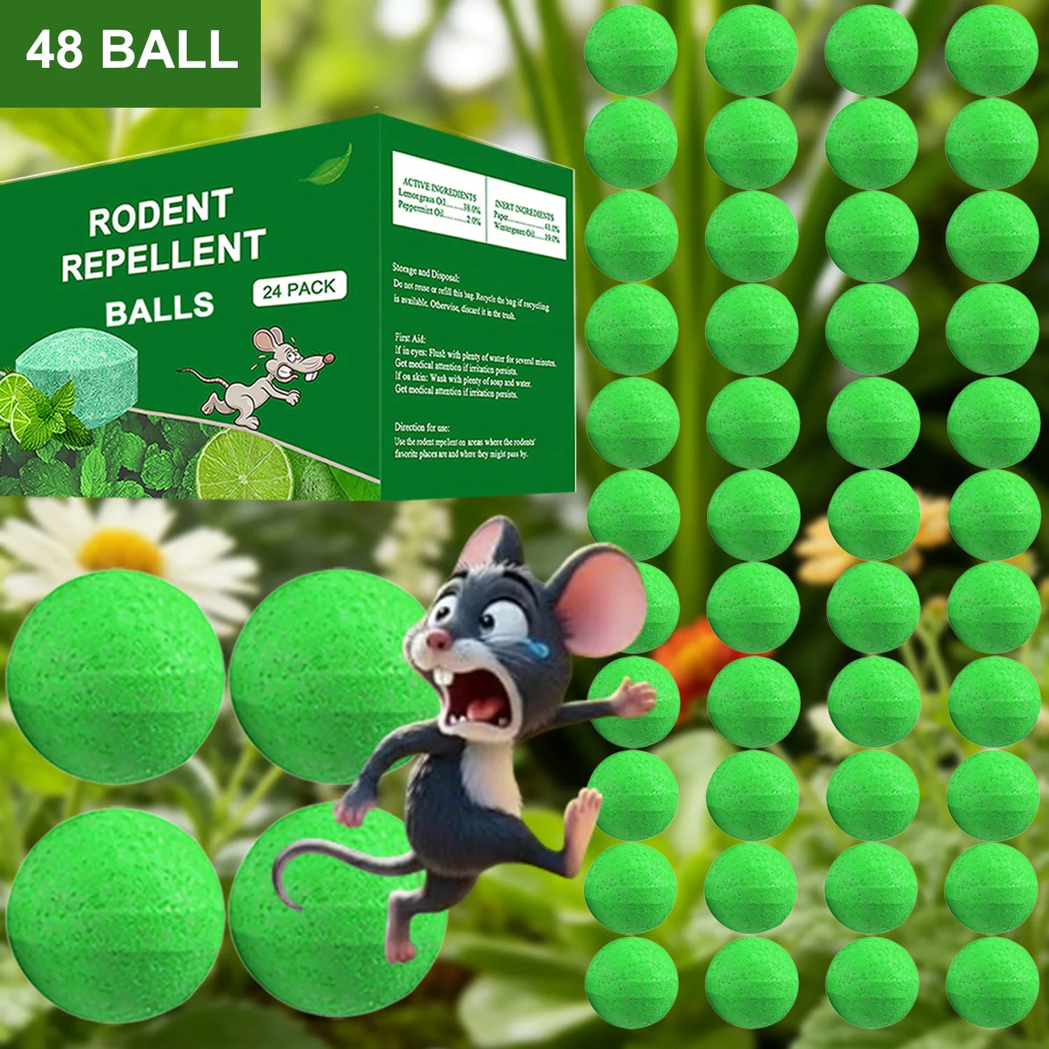 48 PCS Natural Peppermint Oil Rat Repellent Balls – Effective Mouse Repellent for Home & Garden, Repels Rats, Squirrels, Skunks, Raccoons, Spiders