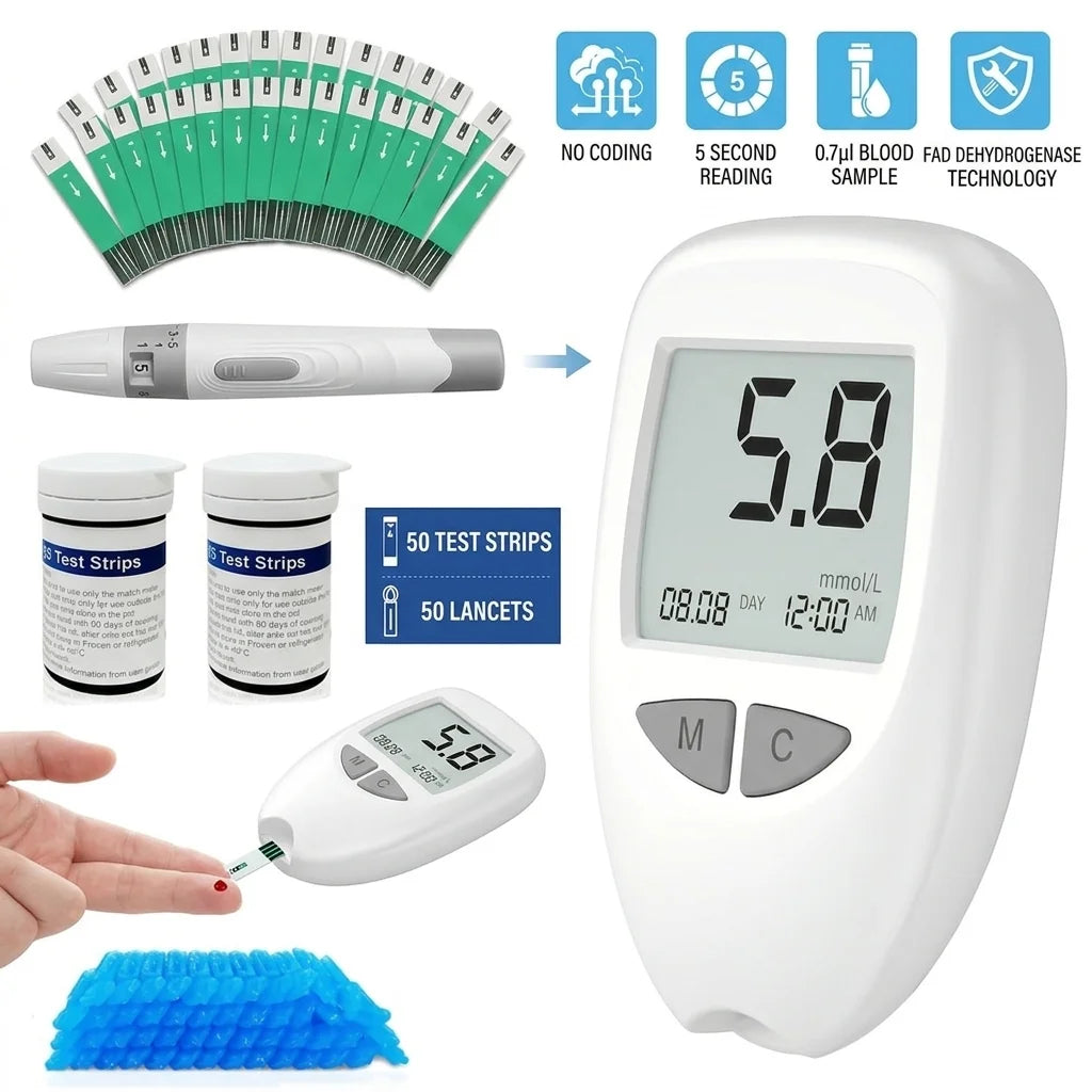 VGM04 Blood Glucose Monitor Kit Diabetes Testing Meter Accurate Glucometer with 50 Test Strips & 50 Lancets Fast Results No Coding Device Portable Home Use Medical Monitor Supplies for Diabetes Management Health