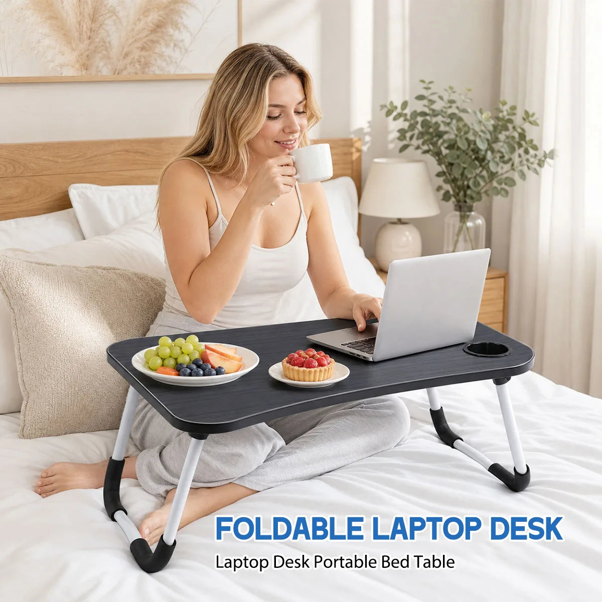 Foldable Laptop Bed Desk Portable Lap Table with Drawer Cup Holder Tablet Slot, Multifunctional Breakfast Tray for Bed Sofa Floor Home Office Study Working Reading
