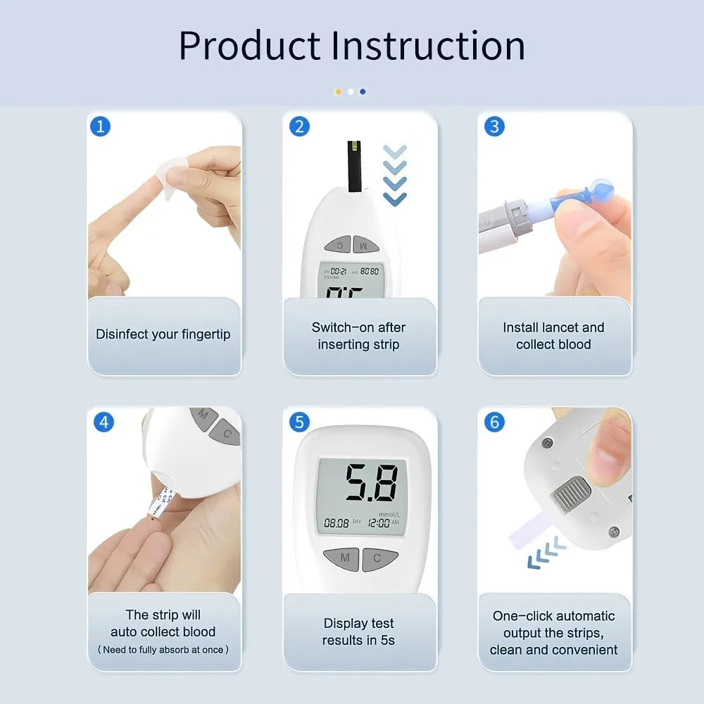 VGM04 Blood Glucose Monitor Kit Diabetes Testing Meter Accurate Glucometer with 50 Test Strips & 50 Lancets Fast Results No Coding Device Portable Home Use Medical Monitor Supplies for Diabetes Management Health