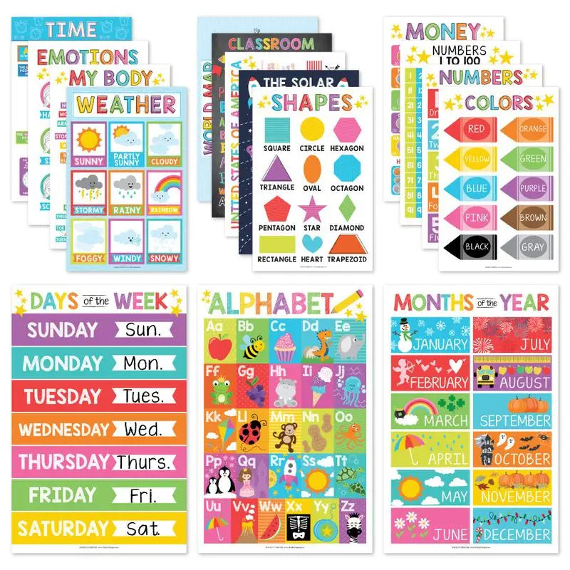 18 Educational Posters for Classroom Must Haves - Laminated Pre-K Posters for Toddler Homeschool Essentials, Toddler & Preschool Learning Activities, Kindergarten Classroom