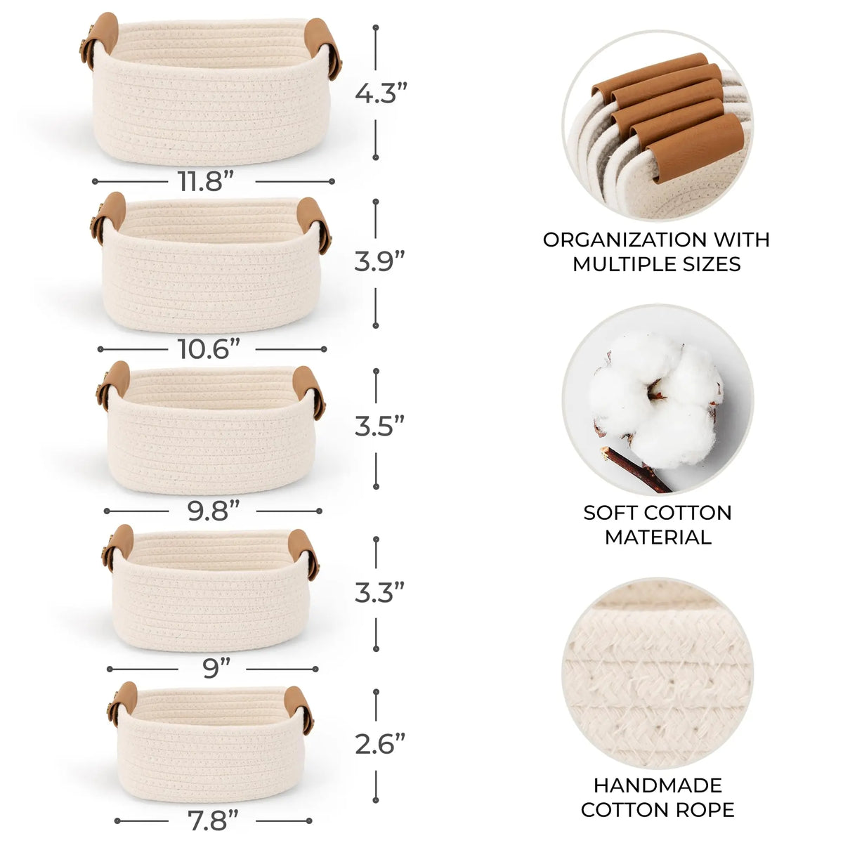 Beautiful Storage Basket Set Of 5 - Sturdy Rope Baskets for Shelves Are Perfect for Organizing Your Home - Quality Storage Bins Easily Fit with Bedroom Decor, Shelf Baskets