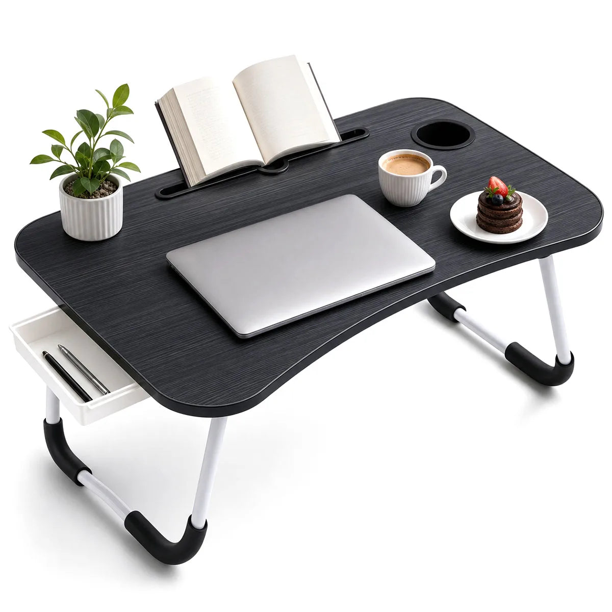 Foldable Laptop Bed Desk Portable Lap Table with Drawer Cup Holder Tablet Slot, Multifunctional Breakfast Tray for Bed Sofa Floor Home Office Study Working Reading