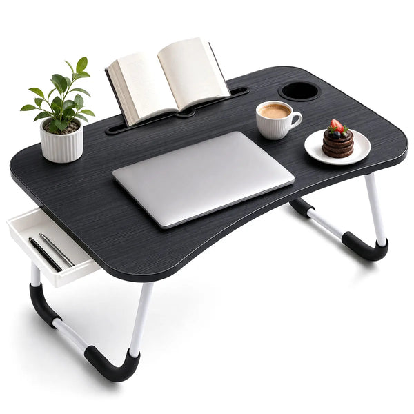Foldable Laptop Bed Desk Portable Lap Table with Drawer Cup Holder Tablet Slot, Multifunctional Breakfast Tray for Bed Sofa Floor Home Office Study Working Reading