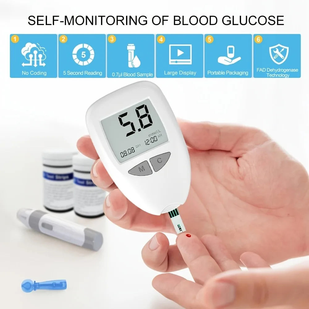 VGM04 Blood Glucose Monitor Kit Diabetes Testing Meter Accurate Glucometer with 50 Test Strips & 50 Lancets Fast Results No Coding Device Portable Home Use Medical Monitor Supplies for Diabetes Management Health