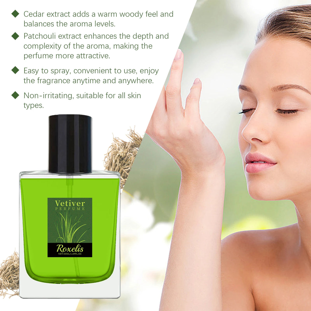 Unisex Fresh Vetiver Woody EDT 50ml Green Natural Male Female Perfume Overseas Warehouse