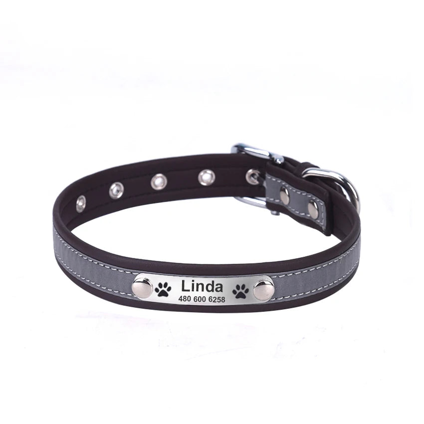 Personalized Dog Collar Leather Reflective Cat Collar Custom Engraved ID Tag Engraved For Puppy Large Dogs  Pet accessories