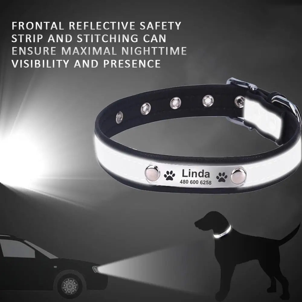 Personalized Dog Collar Leather Reflective Cat Collar Custom Engraved ID Tag Engraved For Puppy Large Dogs  Pet accessories