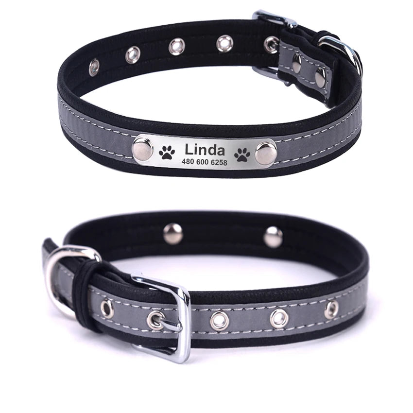 Personalized Dog Collar Leather Reflective Cat Collar Custom Engraved ID Tag Engraved For Puppy Large Dogs  Pet accessories