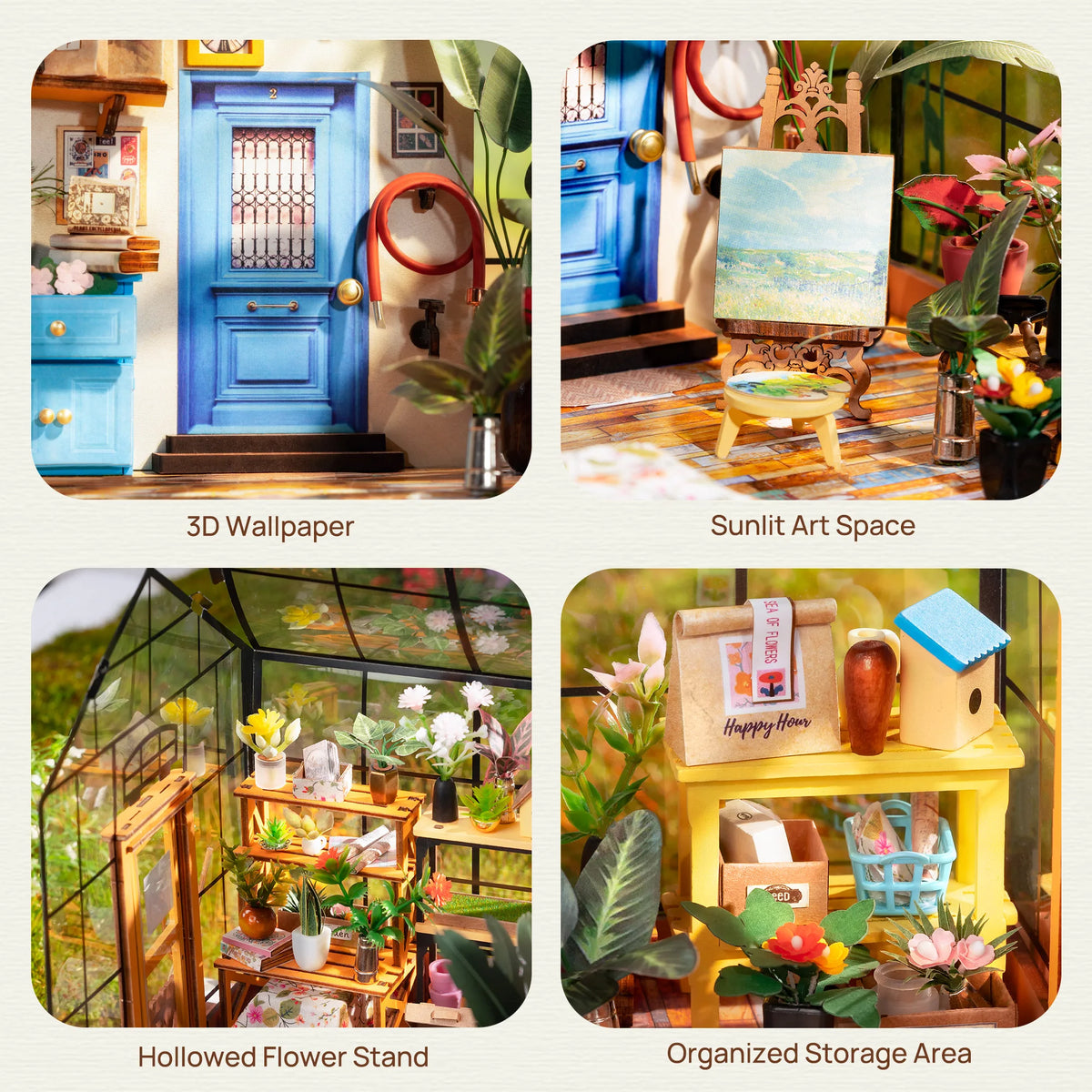 Rolife Wooden 3D Puzzle Cathy's Greenhouse DIY Miniature House Kit Mini Dollhouse Model Building Kit with LED Light for Home Decor Holiday Gift for Adults Teens