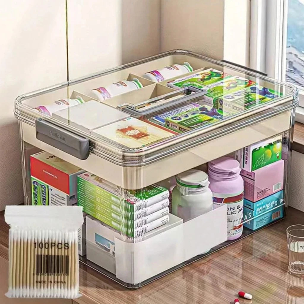 Multifunctional Storage Box Large Capacity Desktop Organizer Transparent Dustproof Container with Handle for Medicine Cosmetics Jewelry Stationery Home Office Drawer