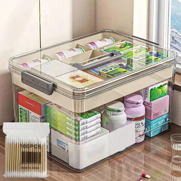 Multifunctional Storage Box Large Capacity Desktop Organizer Transparent Dustproof Container with Handle for Medicine Cosmetics Jewelry Stationery Home Office Drawer