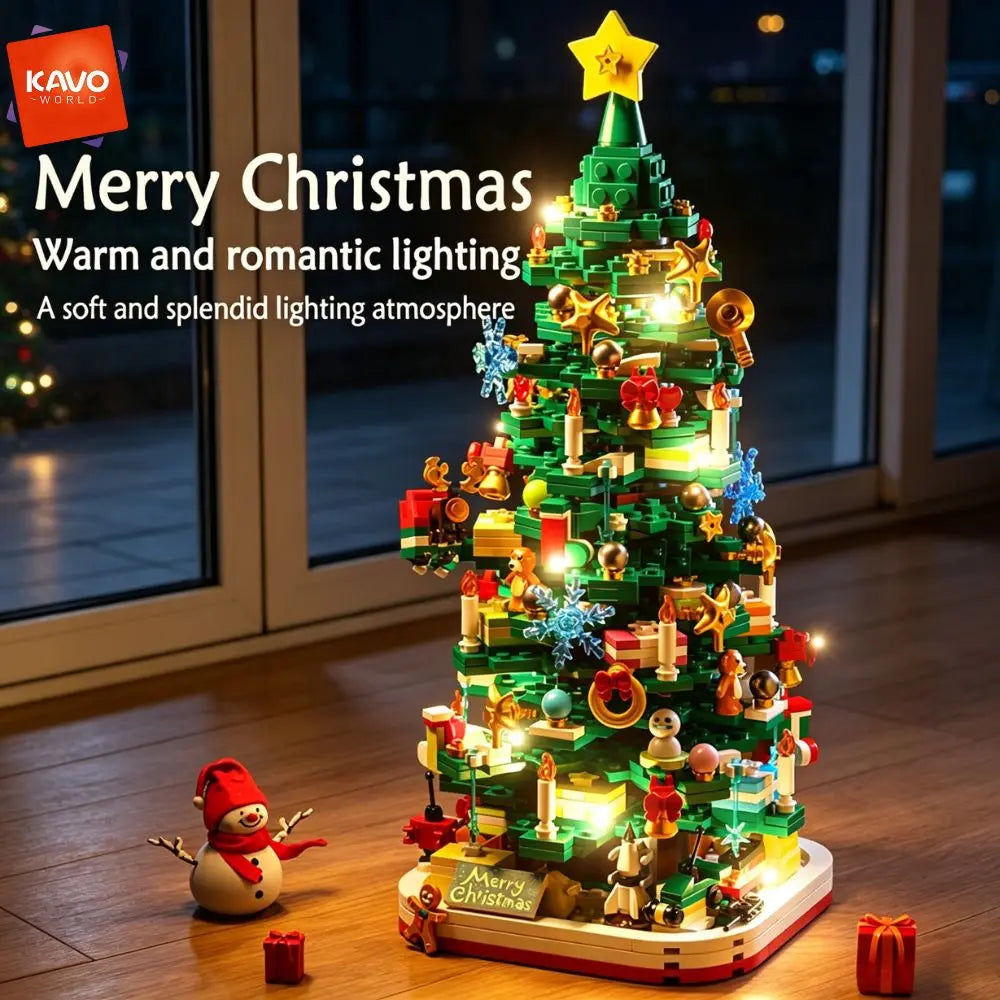 KAVOWORLD 1024pcs Christmas Tree Building Bricks Set with LED Light Up DIY Xmas Tree Home Tabletop Decor Assembly Model Stable Interlocking Building Bricks 3D Puzzle Construction Kit Christmas Party Display Holiday Festive Or