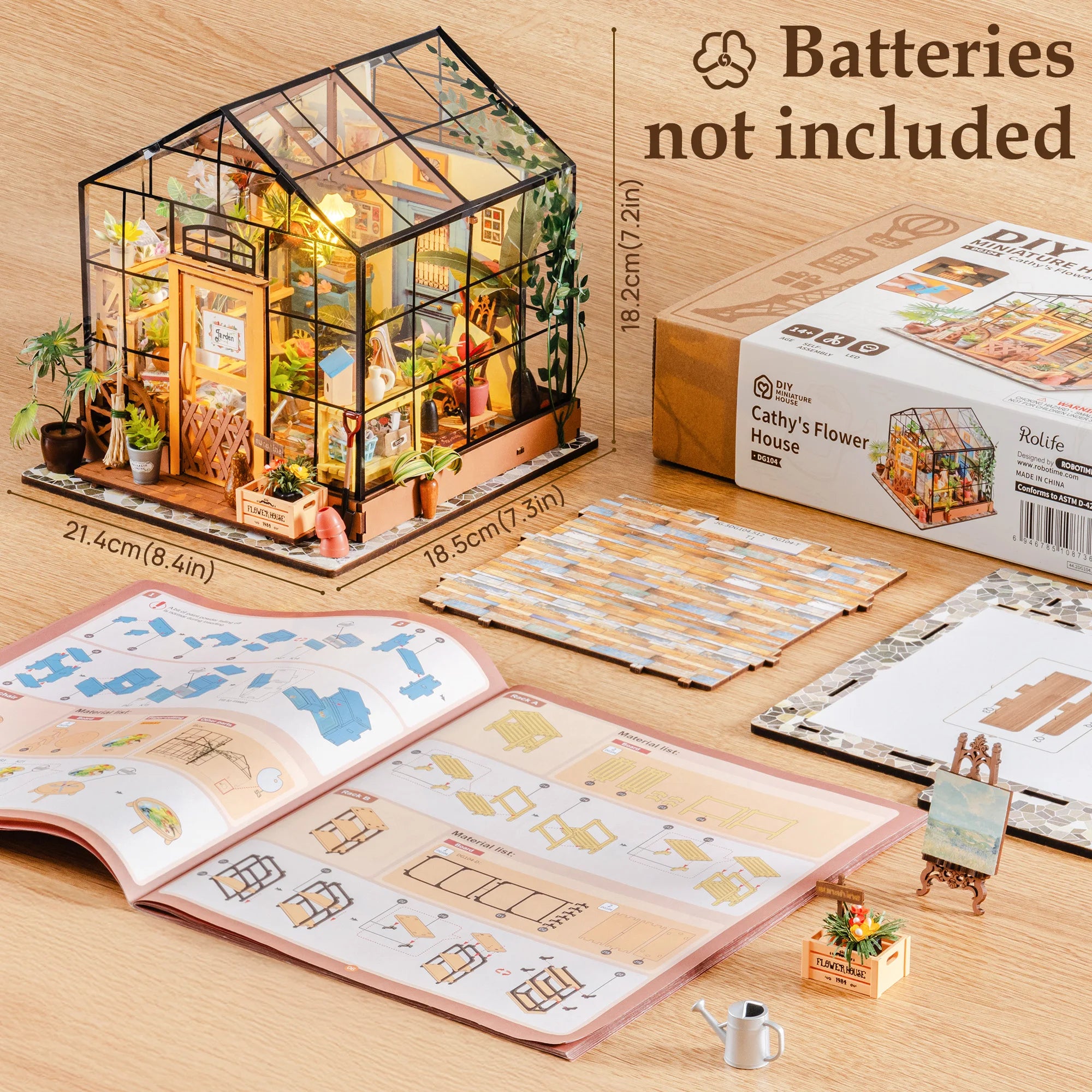 Rolife Wooden 3D Puzzle Cathy's Greenhouse DIY Miniature House Kit Mini Dollhouse Model Building Kit with LED Light for Home Decor Holiday Gift for Adults Teens