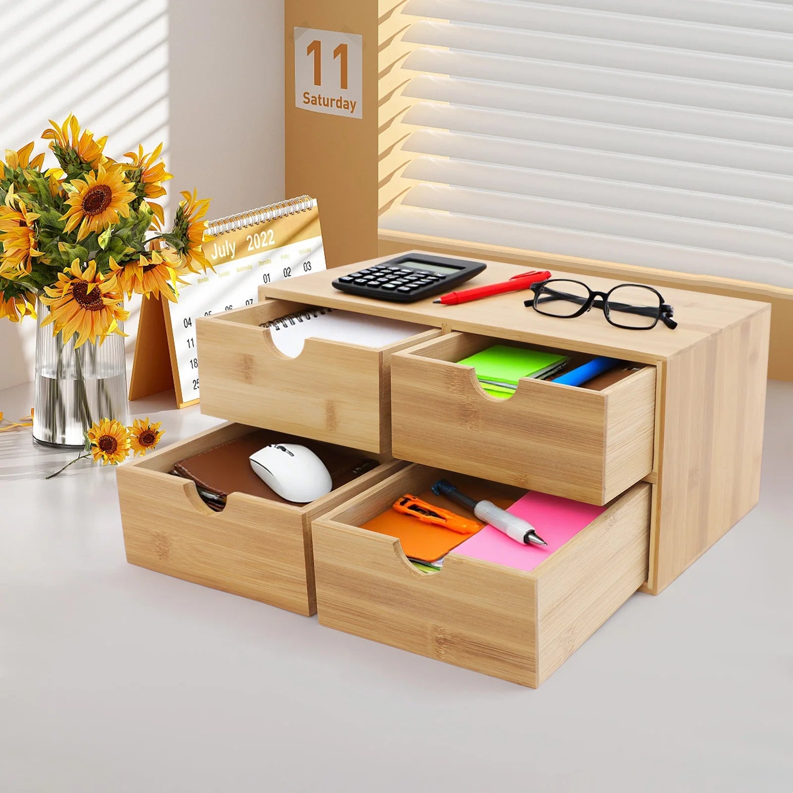 NEWEST Bamboo Desk Organizer, 4 Drawer Mini Desk Drawer, Desk Drawer Storage Box, for Office and Home