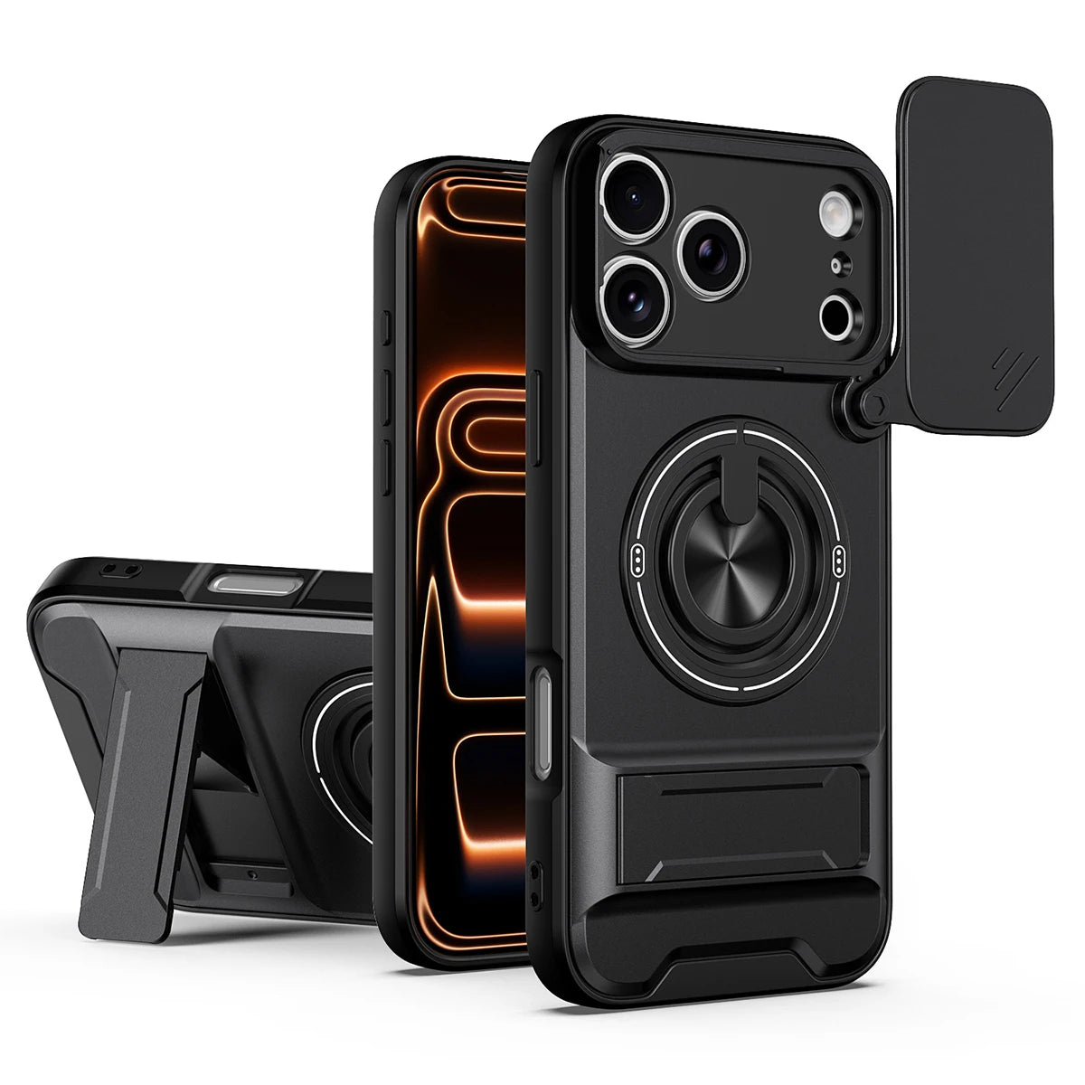 Magnetic Bracket Phone Case, Sliding Camera Lens Cover for Privacy Protection, 360° Rotatable Ring Kickstand, Anti-Slip Shockproof Full-Body Protective Case, Compatible with iPhone 18/17/16/15/14/13/12/11/Air/Pro Max/Plus