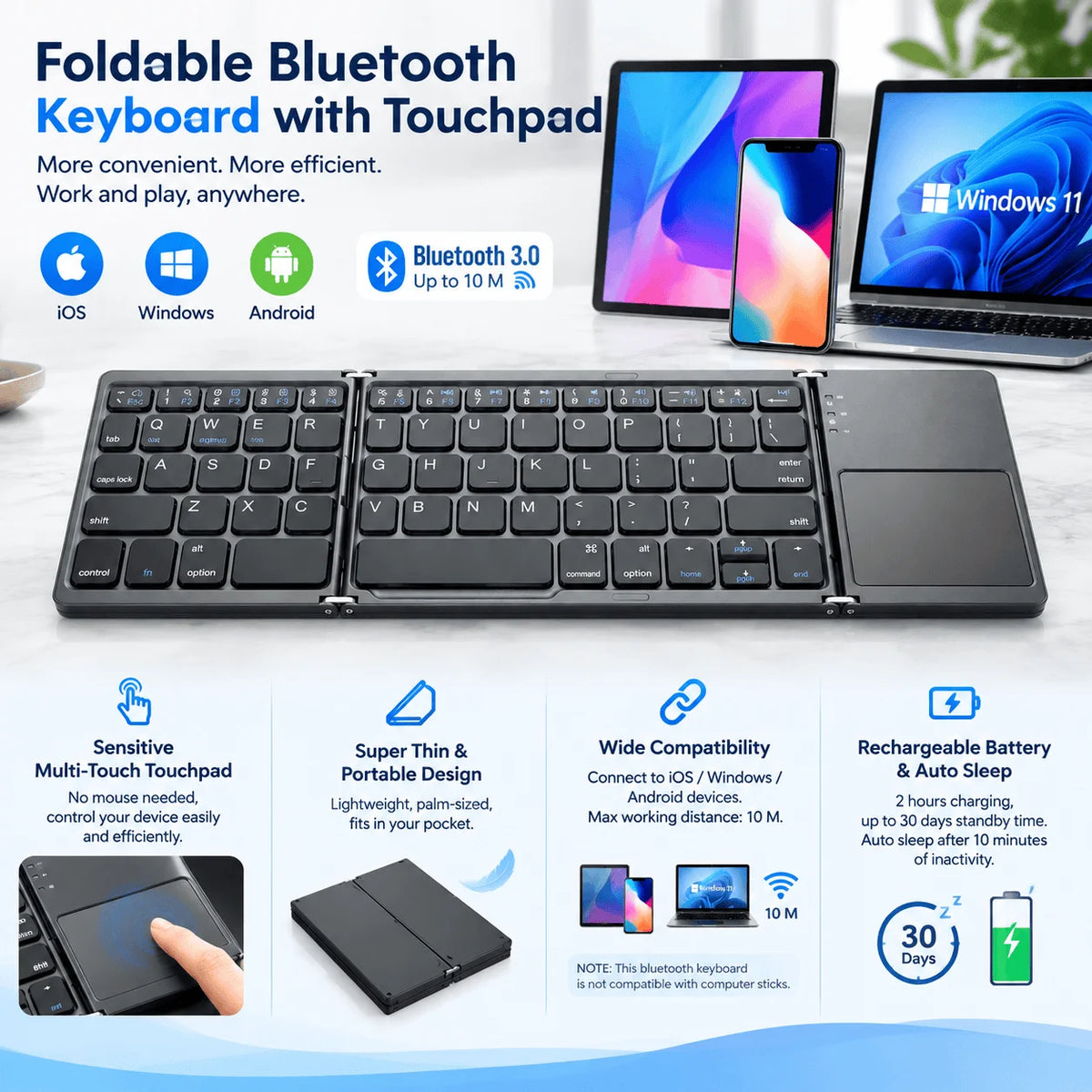 Foldable Bluetooth Keyboard Portable Mini Wireless Keyboard with Touchpad Compact Pocket Size Design for Android Windows PC iOS Tablet Smartphone Laptop Office Travel Home Typing and Mobile Work Rechargeable Lightweight Keybo