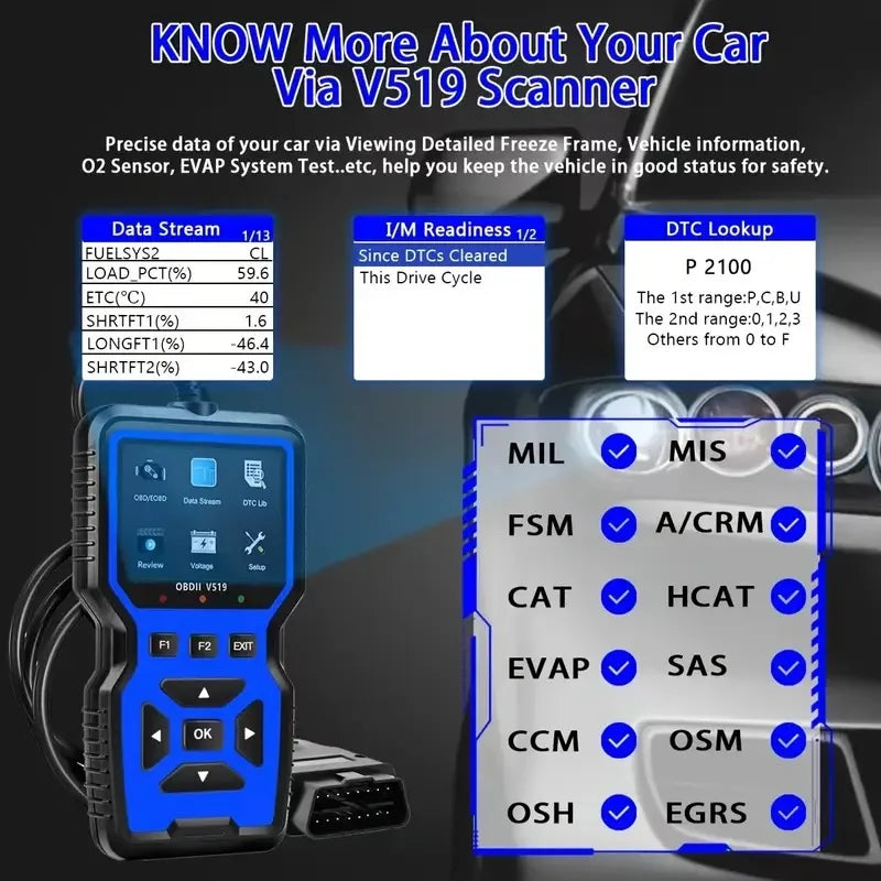 V519 Car Diagnostic Scanner Tool Automotive OBD2 Scanner for Engine Health Check with Color Screen