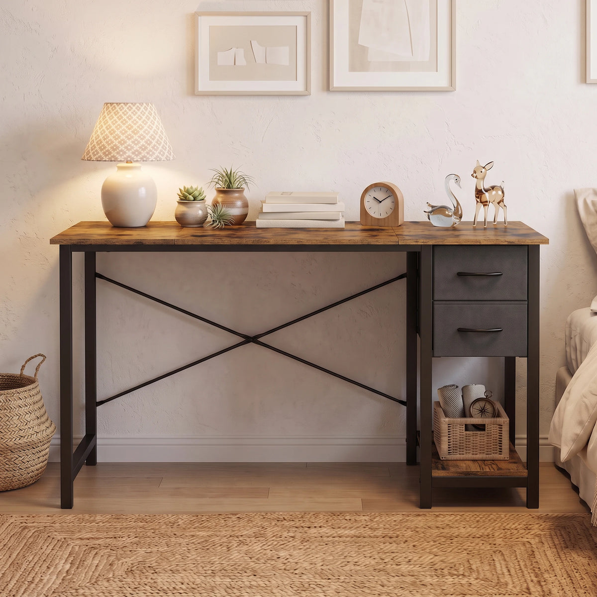 MCQ 47 Inch Standing Office Computer Desk with Drawers and Side Hook Ergonomic Gaming Desk With Storage X‑Frame Stability For Home Office Small Space