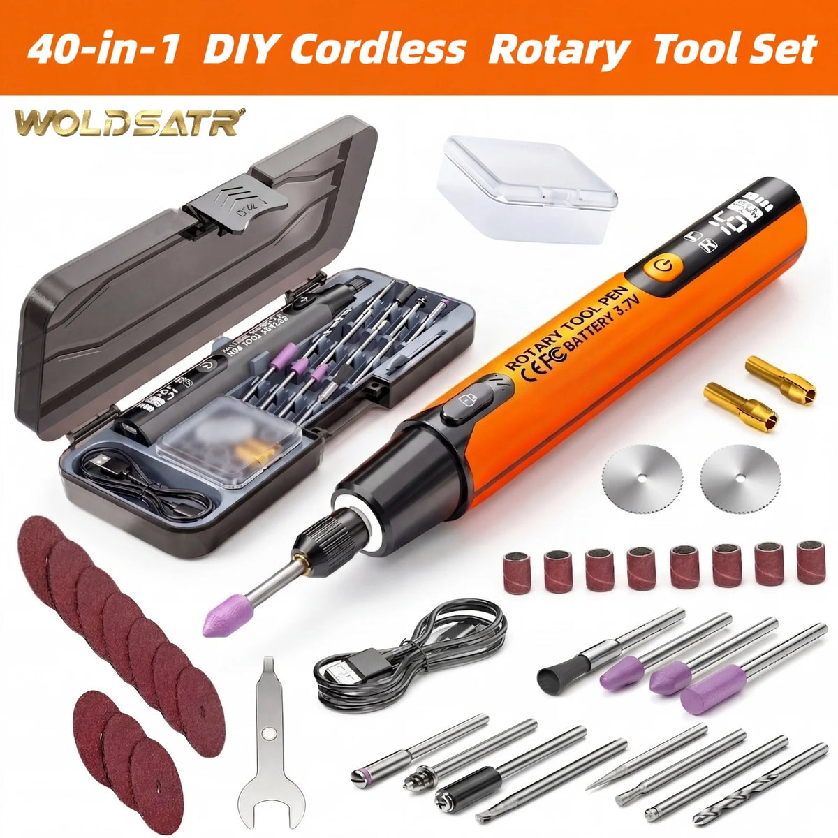 WOLDSATR 40-in-1 Handheld Mini Cordless Rotary Tool Kit, 6 Variable Speed USBRechargeable With LED Light & LCD Display, 3.7V 16000RPM For DIY Crafts, Precision Sanding,Polishing & Drilling