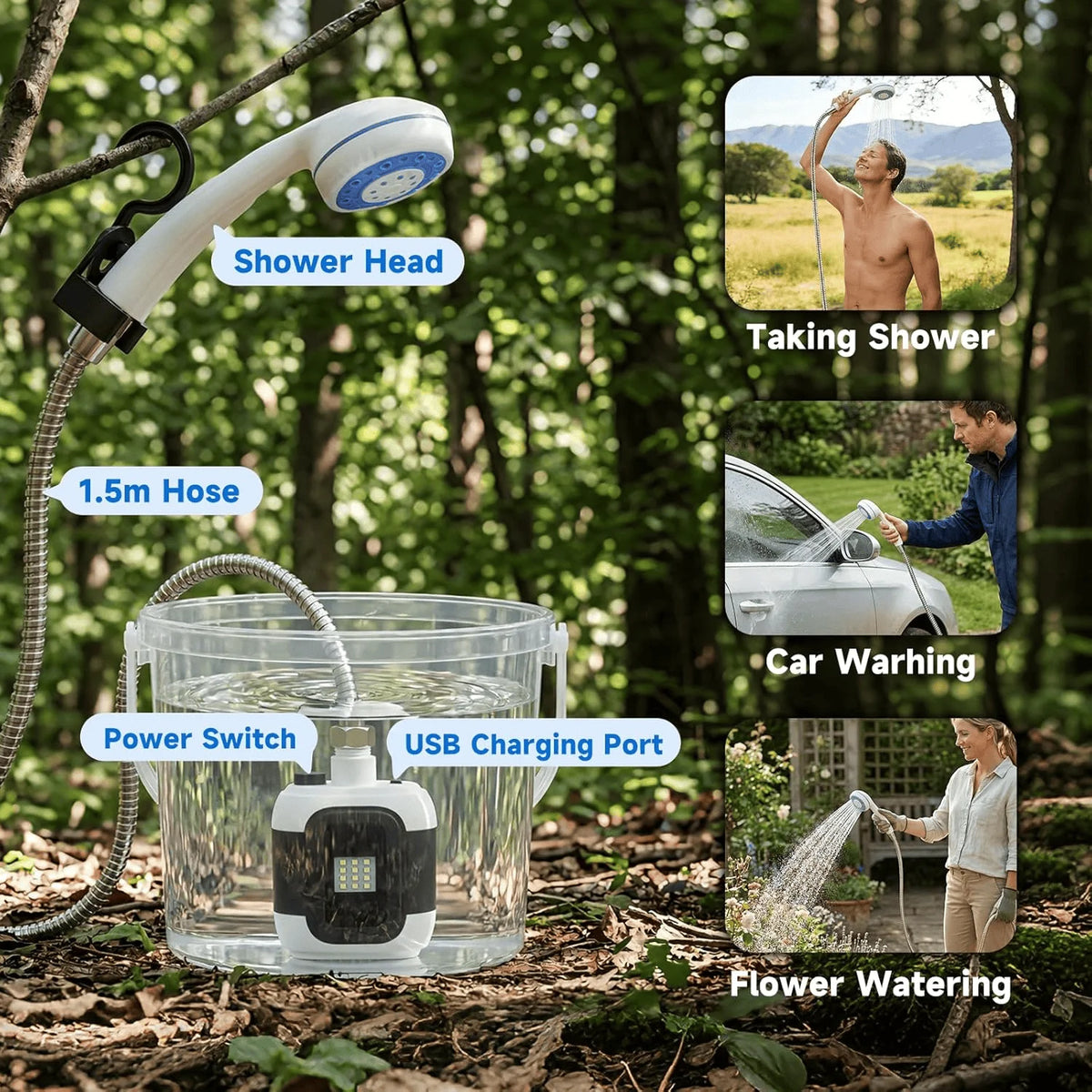 USB Rechargeable Portable Electric Shower Pump for Camping Outdoor Pet Wash Garden Cleaning Dormitory - Essential Shower Utility Tool
