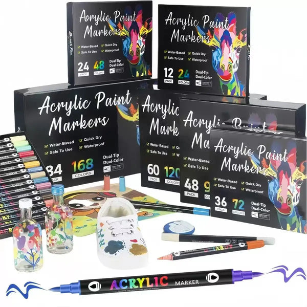 Dual Tip Dual Color Acrylic Marker Pens 12/24/36Pcs Waterproof Paint Pen for Stone Wood Canvas Ceramic Glass Fabric DIY Crafts