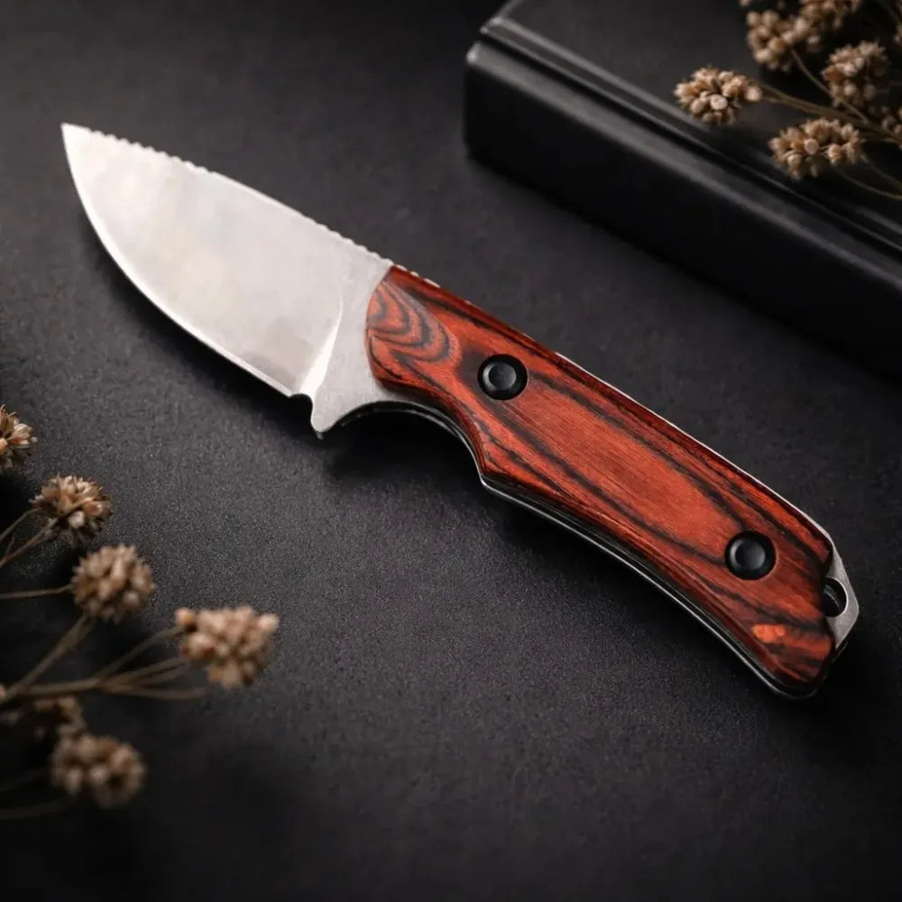 BM 15017 Classic Fixed Blade Knife - 8Cr13MoV Steel, Wooden Handle, Lightweight Unisex Outdoor Practical Tool, Hiking Gear for Camping & Everyday Carry with Leather Sheath, Gear, Camping Knives, Outdoor Camping Knives