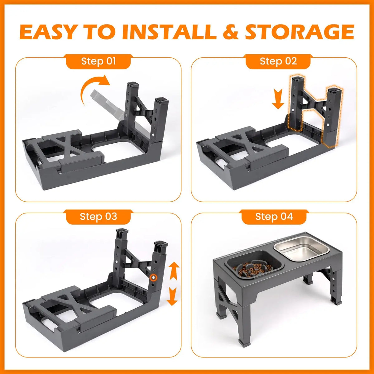 2-in-1 Elevated Slow Feeder Dog Bowls, Non-Slip Stainless Steel/Plastic/ Pet Food & Water Bowls with Foldable Stand
