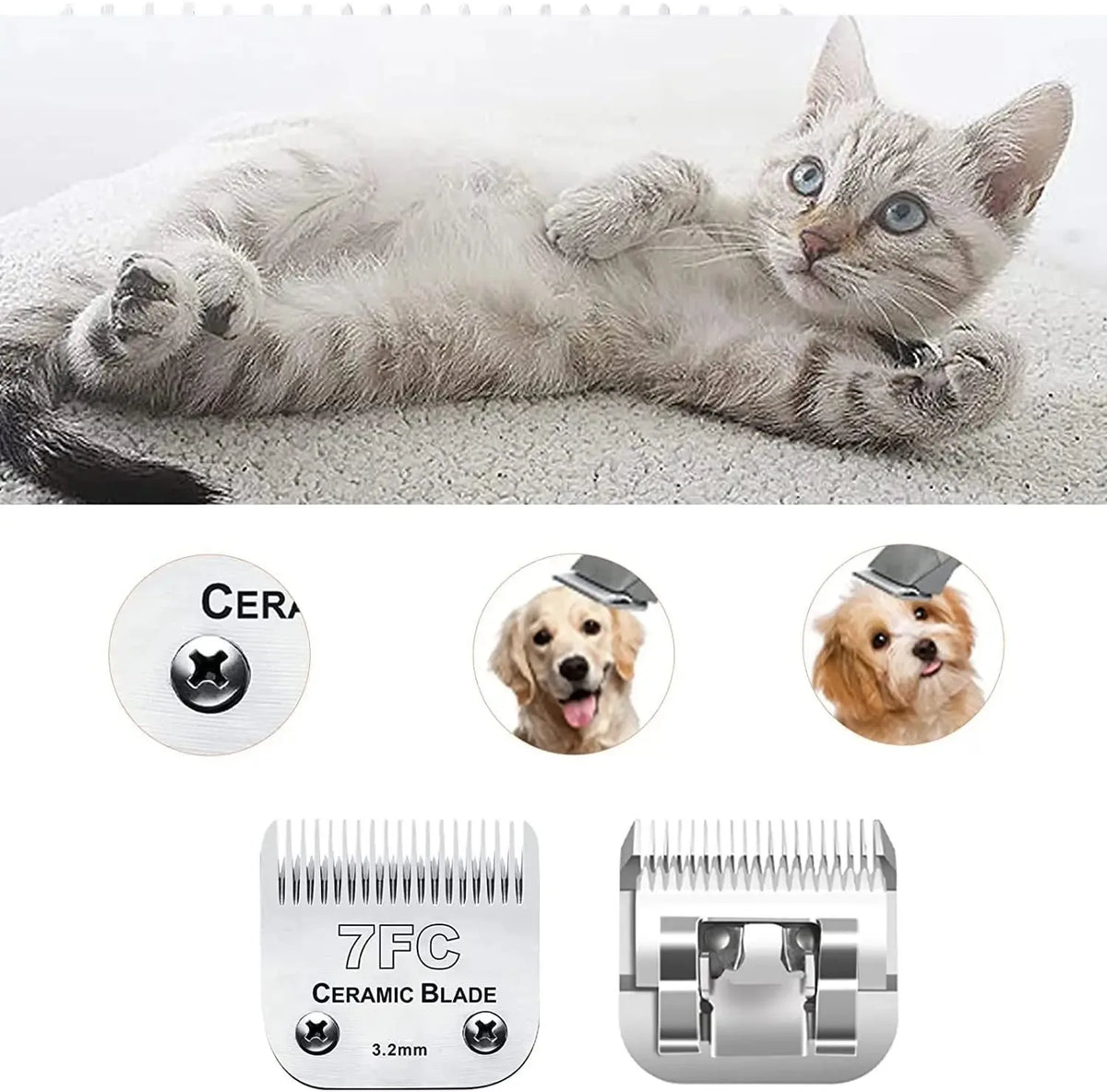 7FC Detachable Pet Dog Clipper Blades Compatible With For Most Andis, Oster A5, Wahl km Clippers, Ceramic &Carbon Steel Blade