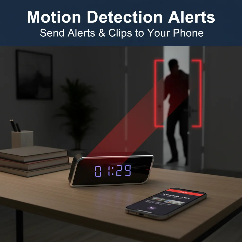 1080P HD Clock Camera Wireless WiFi Mini Recorder With Night Vision Motion Detection Real Time Remote View Multifunctional Indoor Desktop Time Display Video Cam For Home Bedroom Office Safety Monitoring