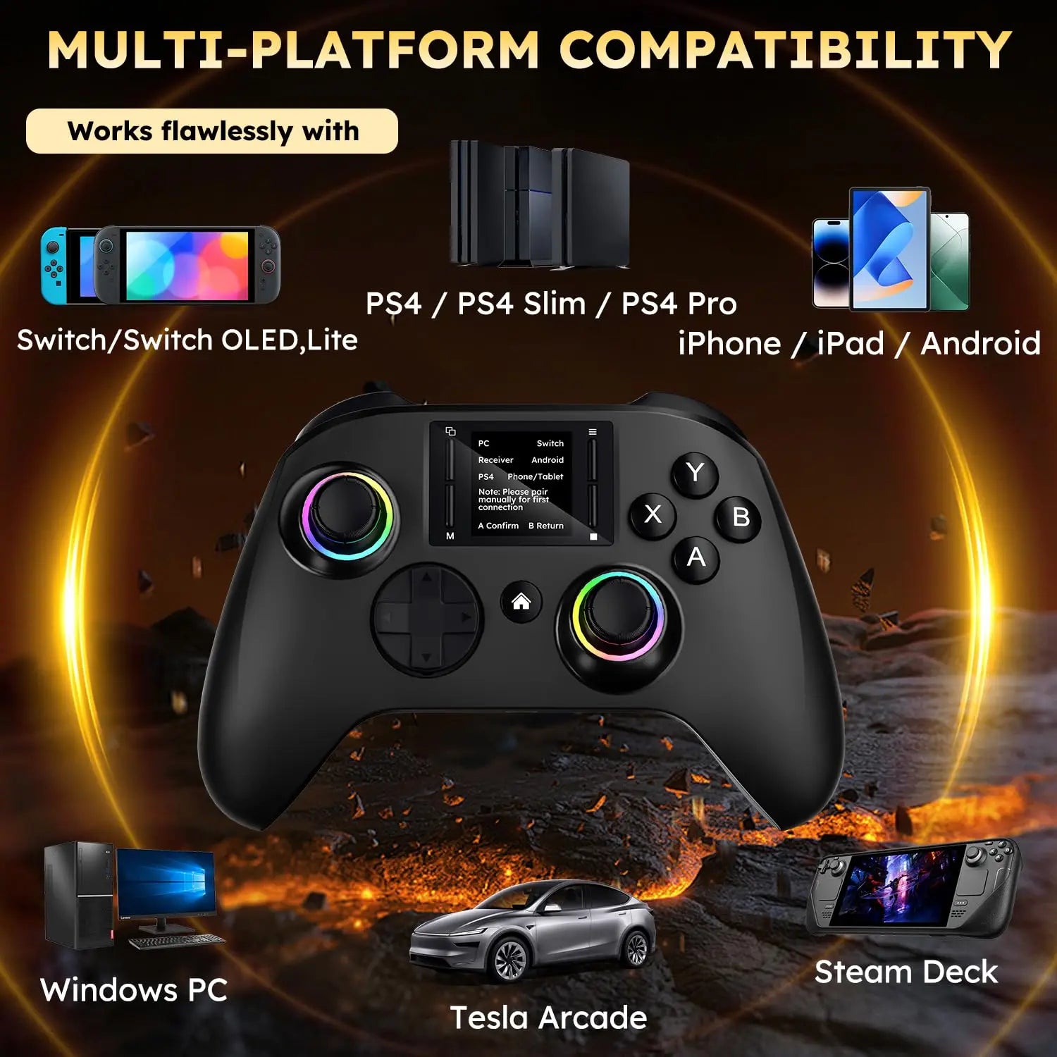 Wireless gaming controller with an interactive screen, compatible with PC, PS4, Switch, Android, and iOS devices. Features 4 programmable buttons, rapid-fire functionality, a 6-axis gyroscope, dual vibration feedback, and RGB