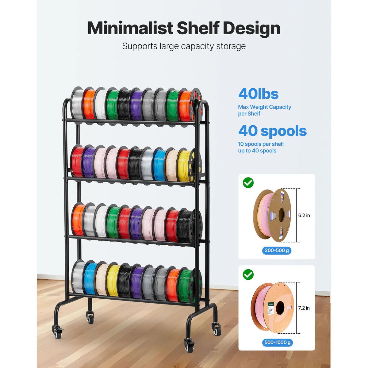 SucceBuy 4 Tier 3D Printer Filament Rolling Filament Spool Storage Rack with Wheels for Office Workshop 3D Printing Station