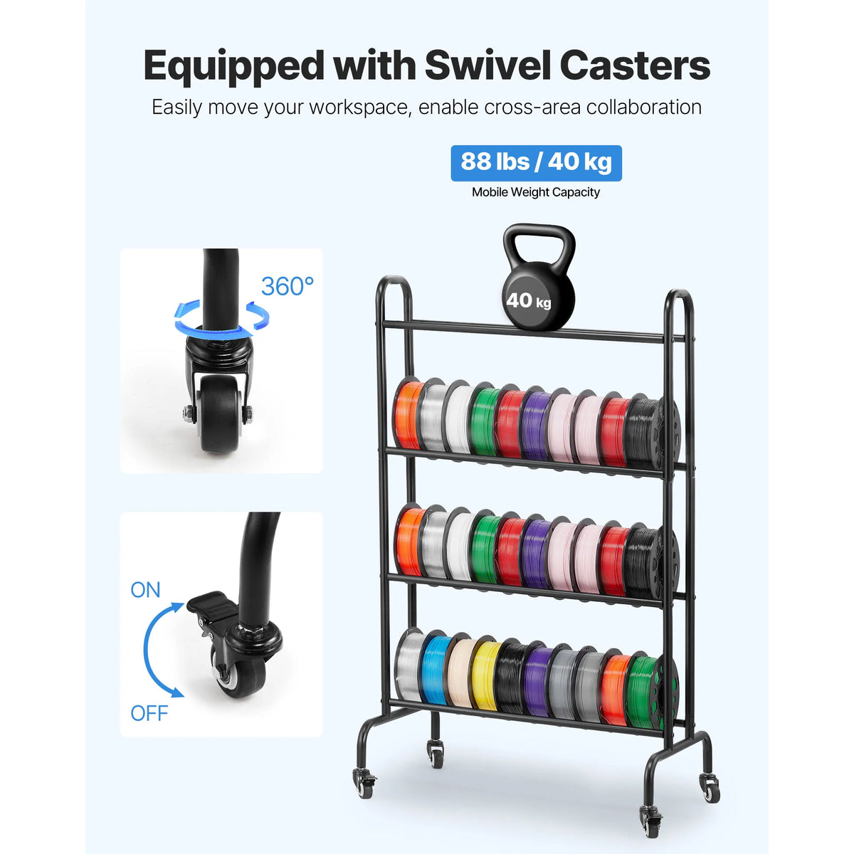 SucceBuy 4 Tier 3D Printer Filament Rolling Filament Spool Storage Rack with Wheels for Office Workshop 3D Printing Station