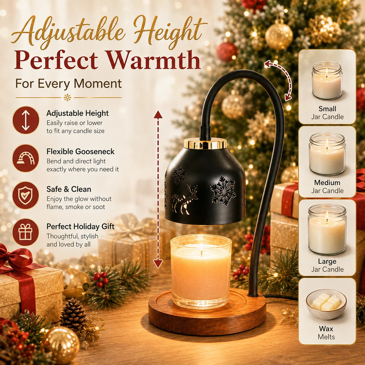 Christmas Candle Warmer Lamp Snowflake Deer Hollow Table Lamp with Adjustable Height 4 Dimmable Brightness Levels 2H 4H 8H Timer Auto Shut off Flameless Smoke Free Candle Melter Lamp for Bedroom Home Decor Ideal Christmas Hol