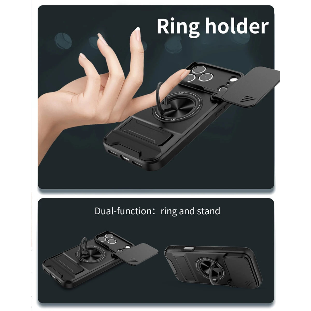 Magnetic Bracket Phone Case, Sliding Camera Lens Cover for Privacy Protection, 360° Rotatable Ring Kickstand, Anti-Slip Shockproof Full-Body Protective Case, Compatible with iPhone 18/17/16/15/14/13/12/11/Air/Pro Max/Plus