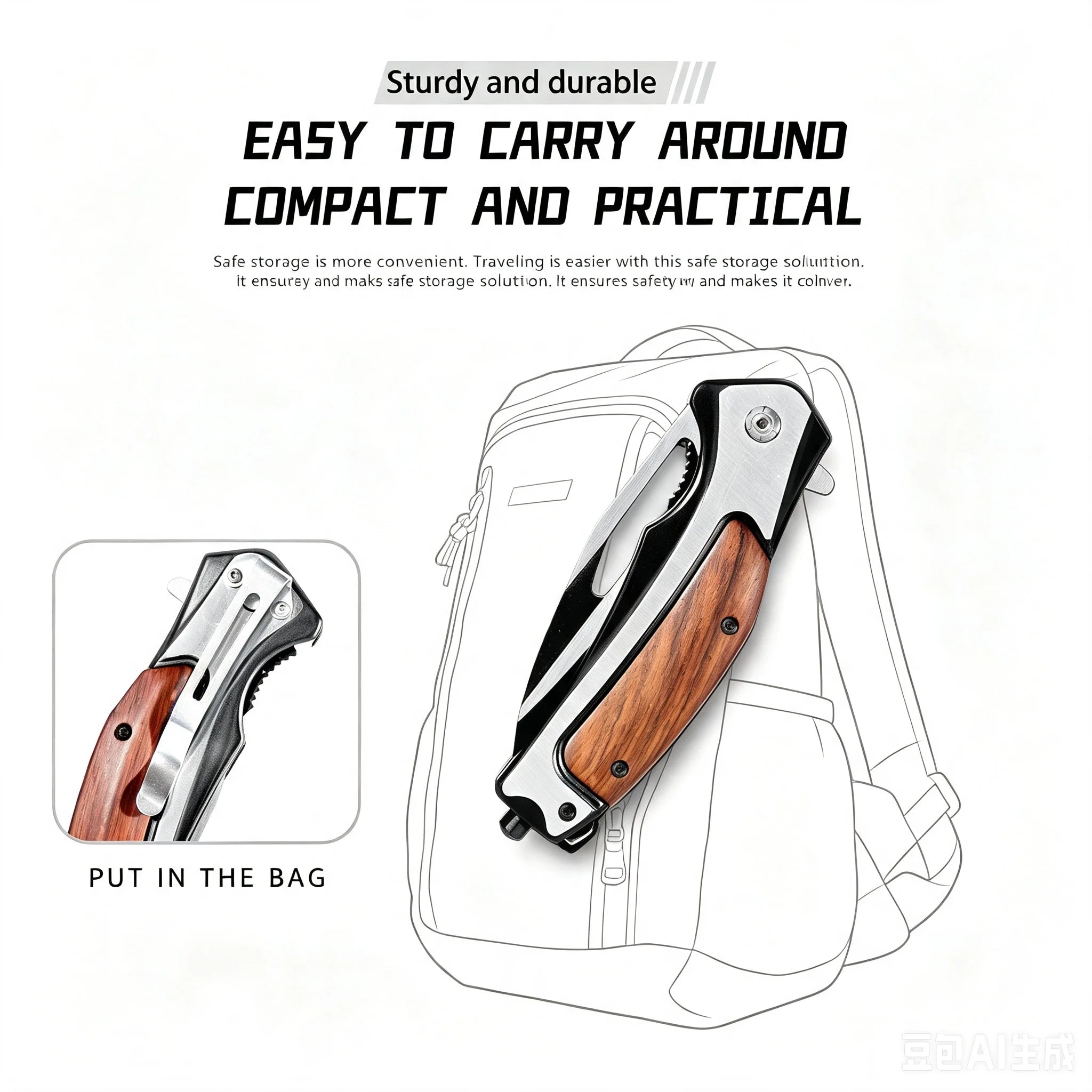 Manual Folding Pocket Knife, Wood Grain Handle Stainless Steel Two‑Tone Blade, EDC Utility Knife for Outdoor Camping Hiking Survival Daily Cutting