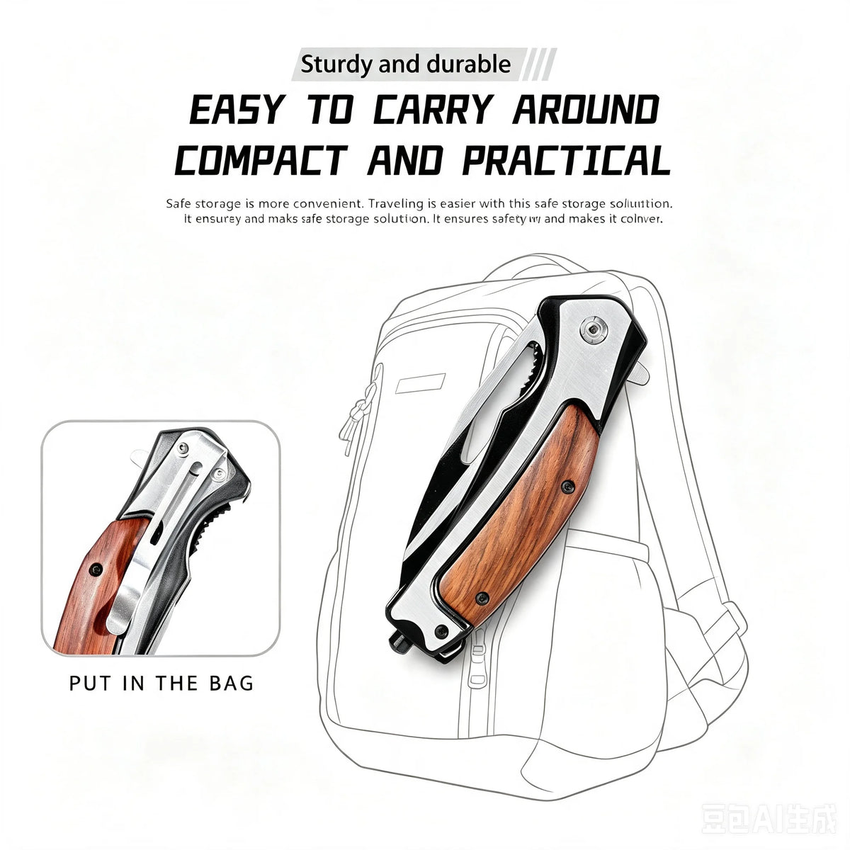 Manual Folding Pocket Knife, Wood Grain Handle Stainless Steel Two‑Tone Blade, EDC Utility Knife for Outdoor Camping Hiking Survival Daily Cutting