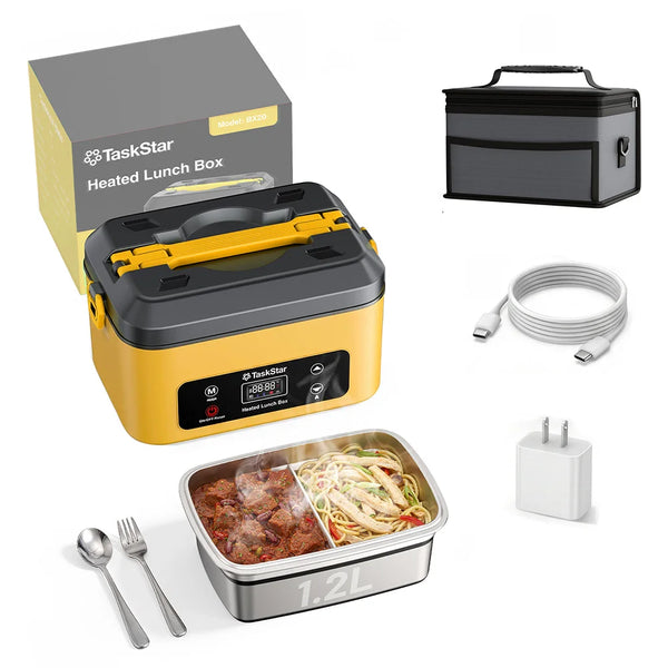TaskStar Electric Lunch Box 1.2L Cordless Food Warmer with Timer & Custom Heated, Cold Reheat Portable Bento Box for Outdoor Camping Office School, Usable As Phone Power Bank