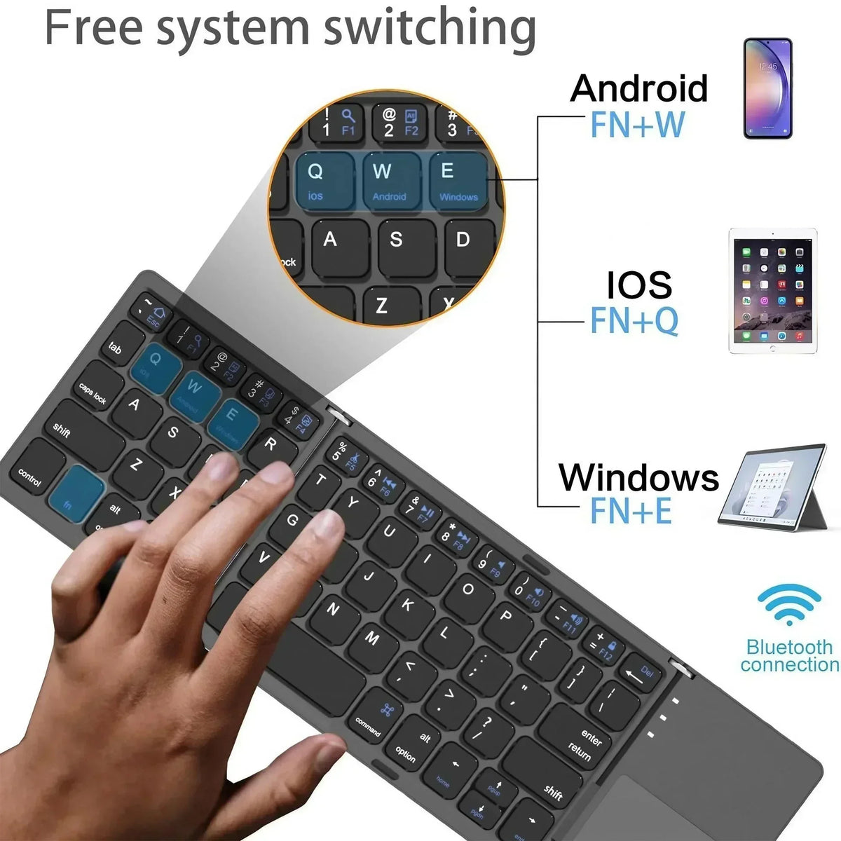 Foldable Bluetooth Keyboard Portable Mini Wireless Keyboard with Touchpad Compact Pocket Size Design for Android Windows PC iOS Tablet Smartphone Laptop Office Travel Home Typing and Mobile Work Rechargeable Lightweight Keybo