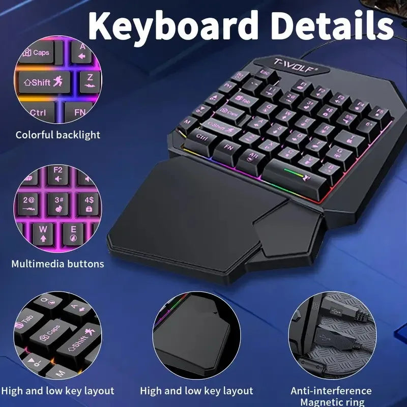 FocusOnPC TF900 2-in-1 Mobile Gaming Converter Combo, One Hand Keyboard & Mouse Kit for PUBG Mobile & Other Smartphone Mobile Games  RGB Wired Gaming Keyboard Mouse Combo